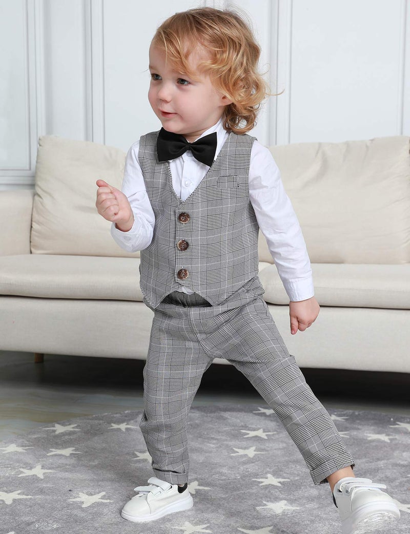 A&J DESIGN Toddler Suit Boys Gentleman Wedding Formal Ring Bearer Plaid Outfit Dress Clothes Tuxedo Set Light Gray 2-3T - Image 3